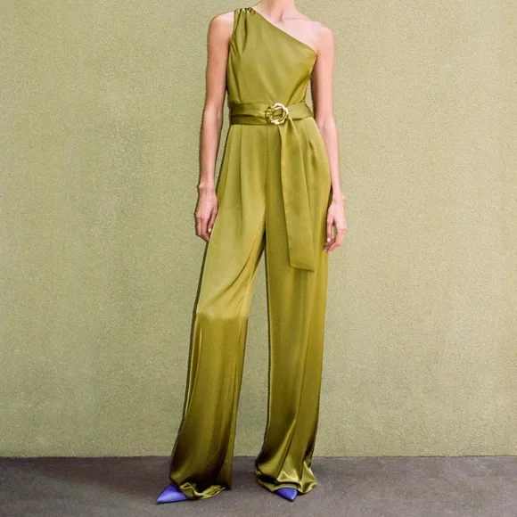 Zara NWT olive green satin one shoulder belted asymmetrical jumpsuit